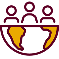 illustrated icon of a part of the planet Earth with three people over it